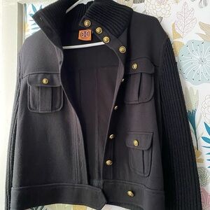 Tory Burch Wool Sweater Jacket cardigan military-style black preppy Sz M